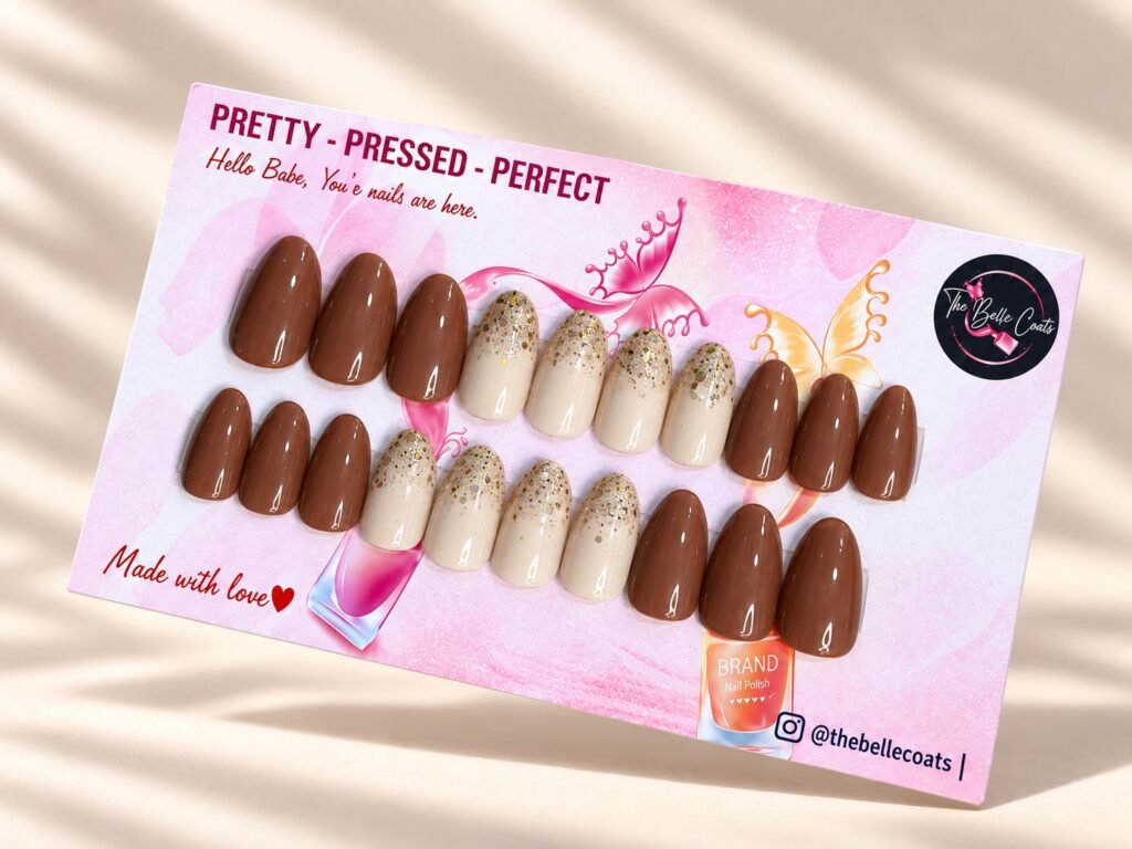 Glitter Brew press-on nails by The Belle Coats, twenty nails on a card