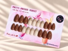 Glitter Brew press-on nails by The Belle Coats, twenty nails on a card