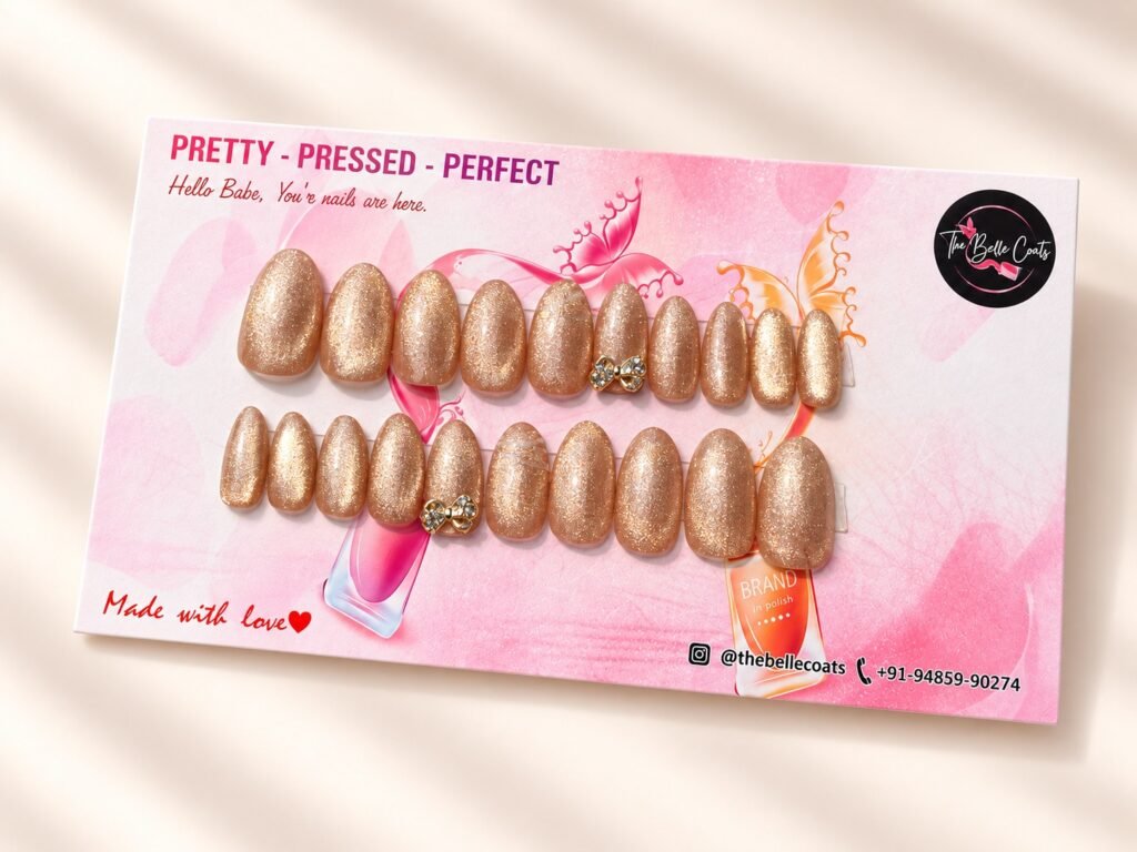 Champagne press-on nails by The Belle Coats, twenty nails on a card