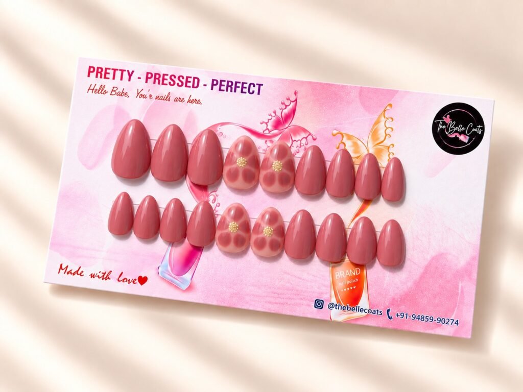 Flora Blush press-on nails by The Belle Coats, twenty nails on a card