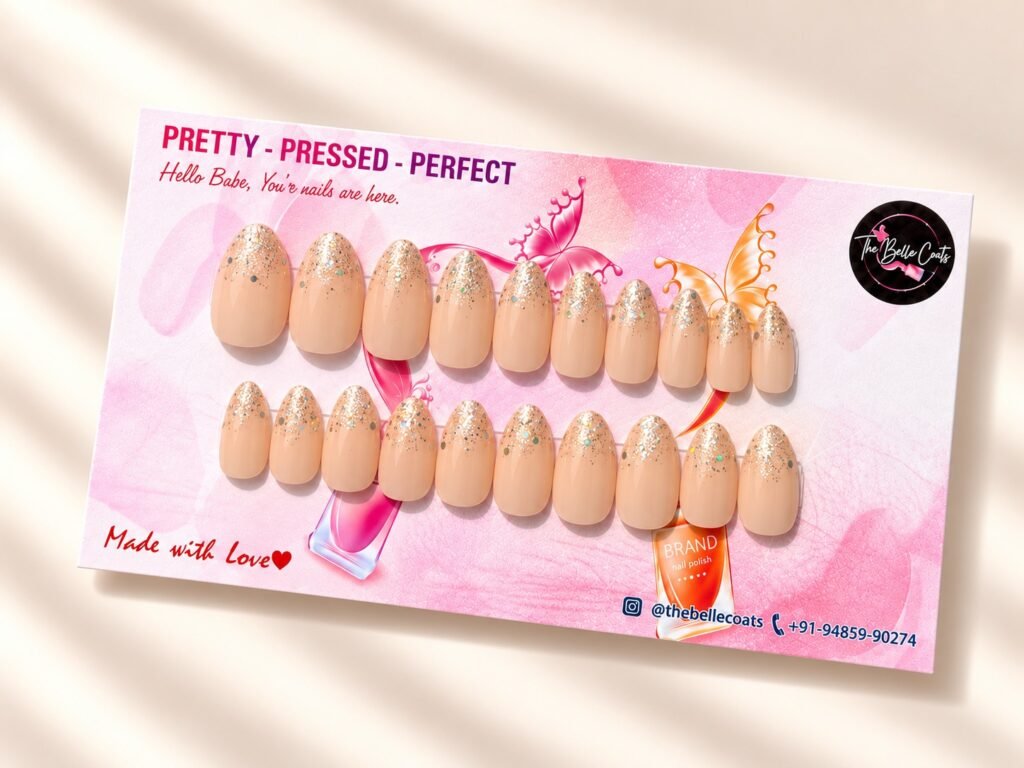 Golden Dust press-on nails by The Belle Coats, twenty nails on a card
