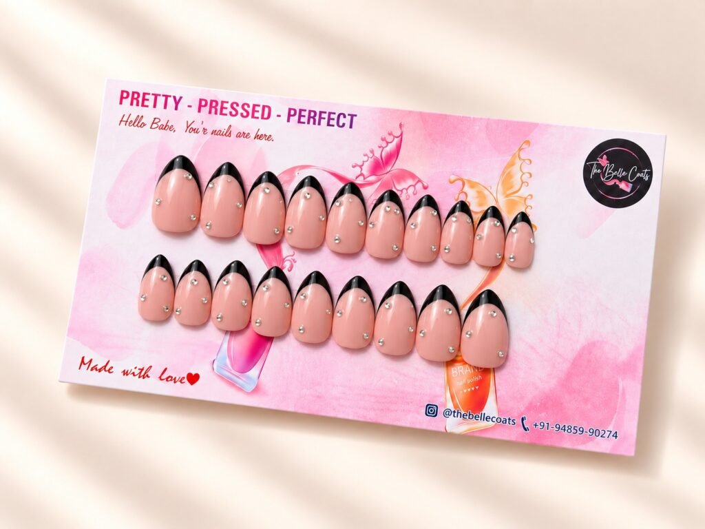 Noir Blush press-on nails by The Belle Coats, twenty nails on a card