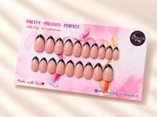 Noir Blush press-on nails by The Belle Coats, twenty nails on a card