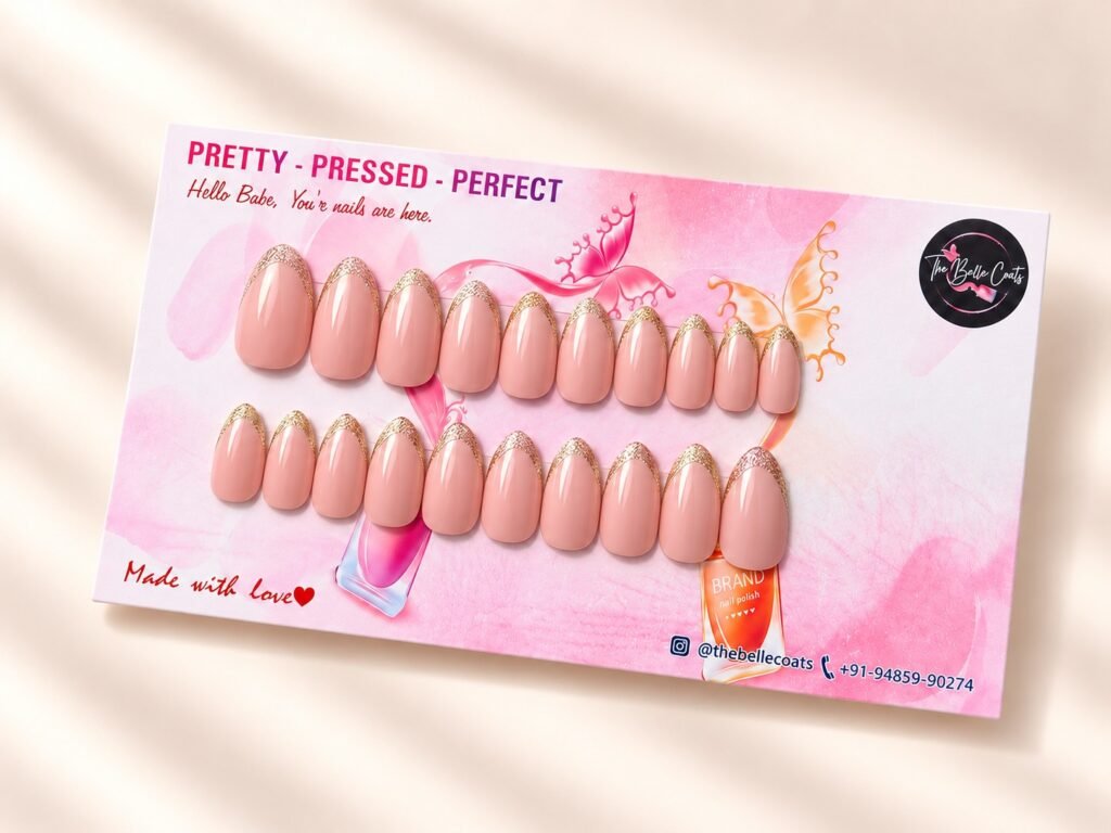 Rose Aura press-on nails by The Belle Coats, twenty nails on a card