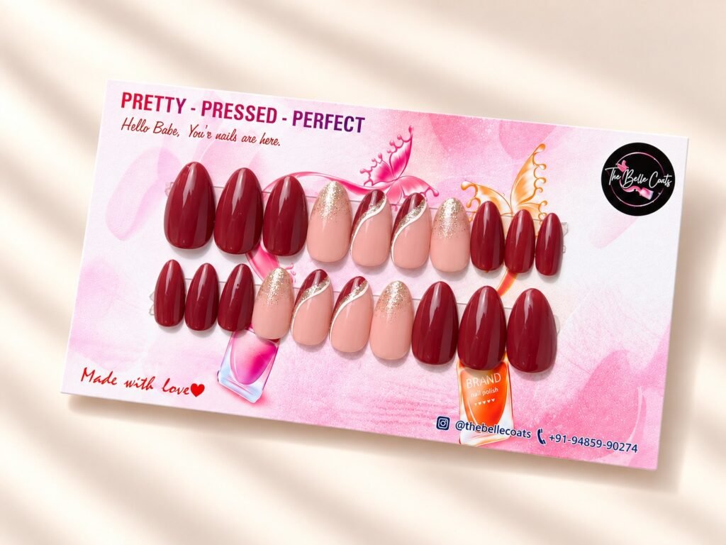 Ruby Veil press-on nails by The Belle Coats, twenty nails on a card