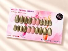 Sage Gold press-on nails by The Belle Coats, twenty nails on a card