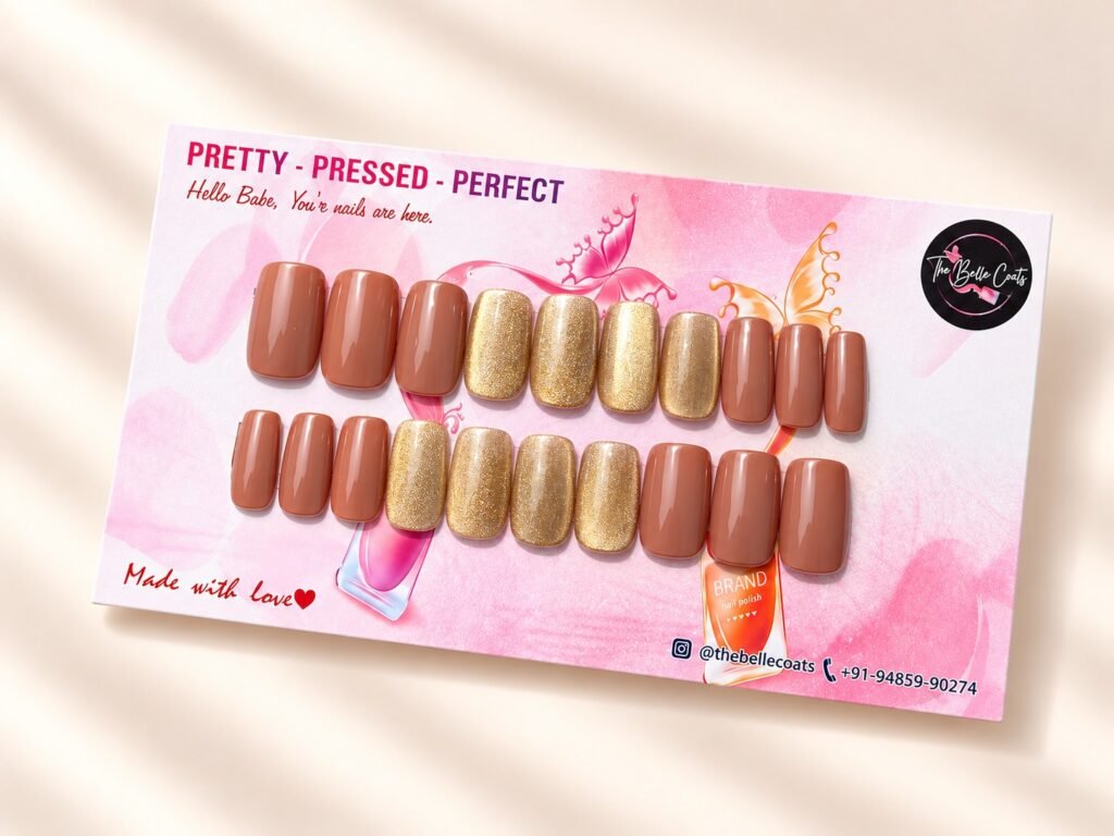 Toffee Glow press-on nails by The Belle Coats, twenty nails on a card