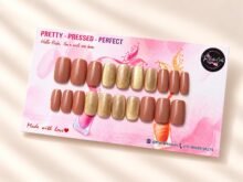 Toffee Glow press-on nails by The Belle Coats, twenty nails on a card