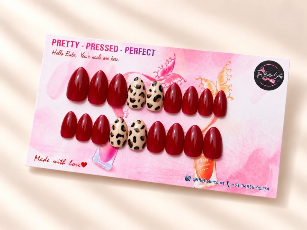 Wild Ruby press-on nails by The Belle Coats, twenty nails on a card